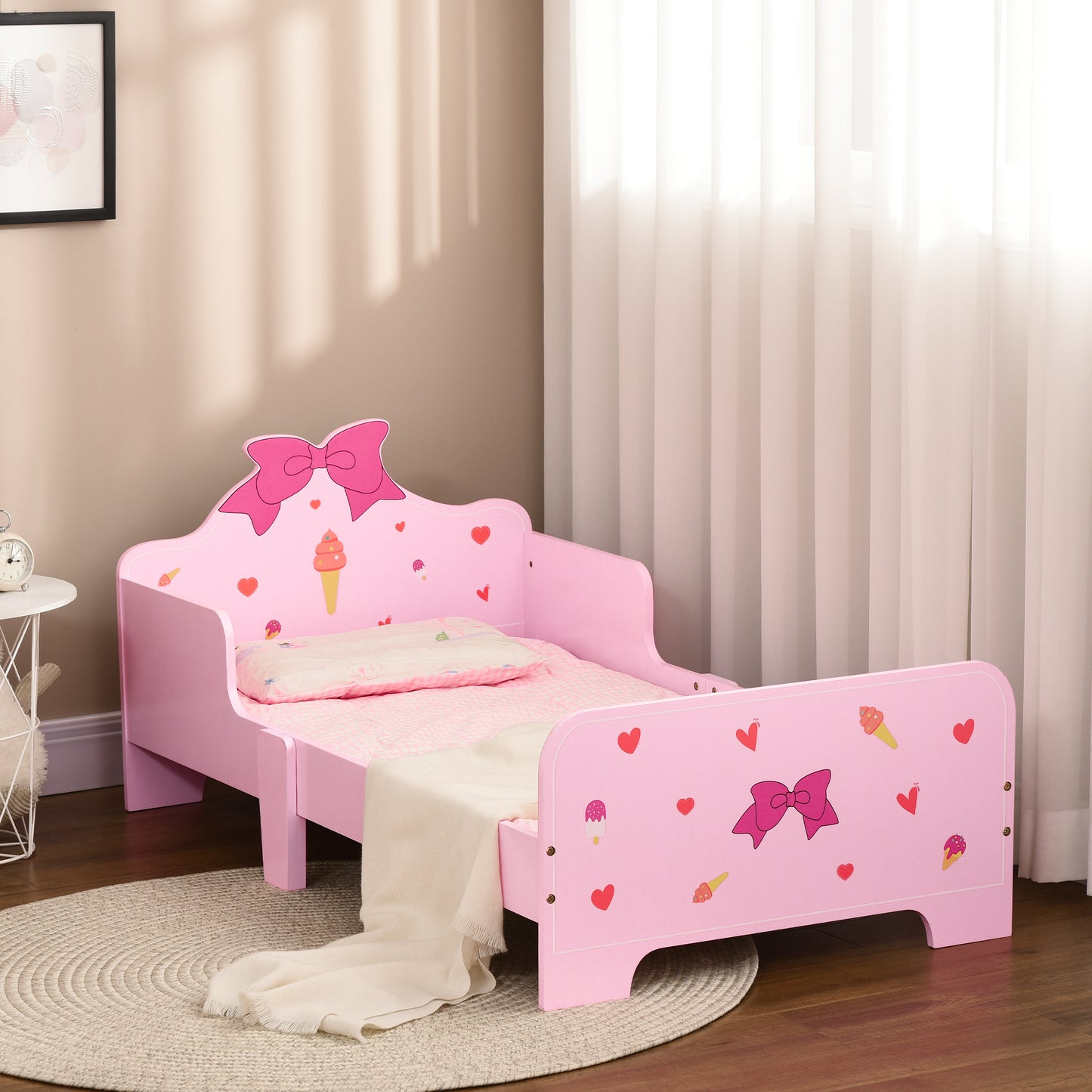 ZONEKIZ Princess-themed Kids Toddler Bed with Cute Patterns, Safety Side Rails Slats, Kids Bedroom Furniture for 3-6 Years, Pink, 143 x 74 x 59 cm