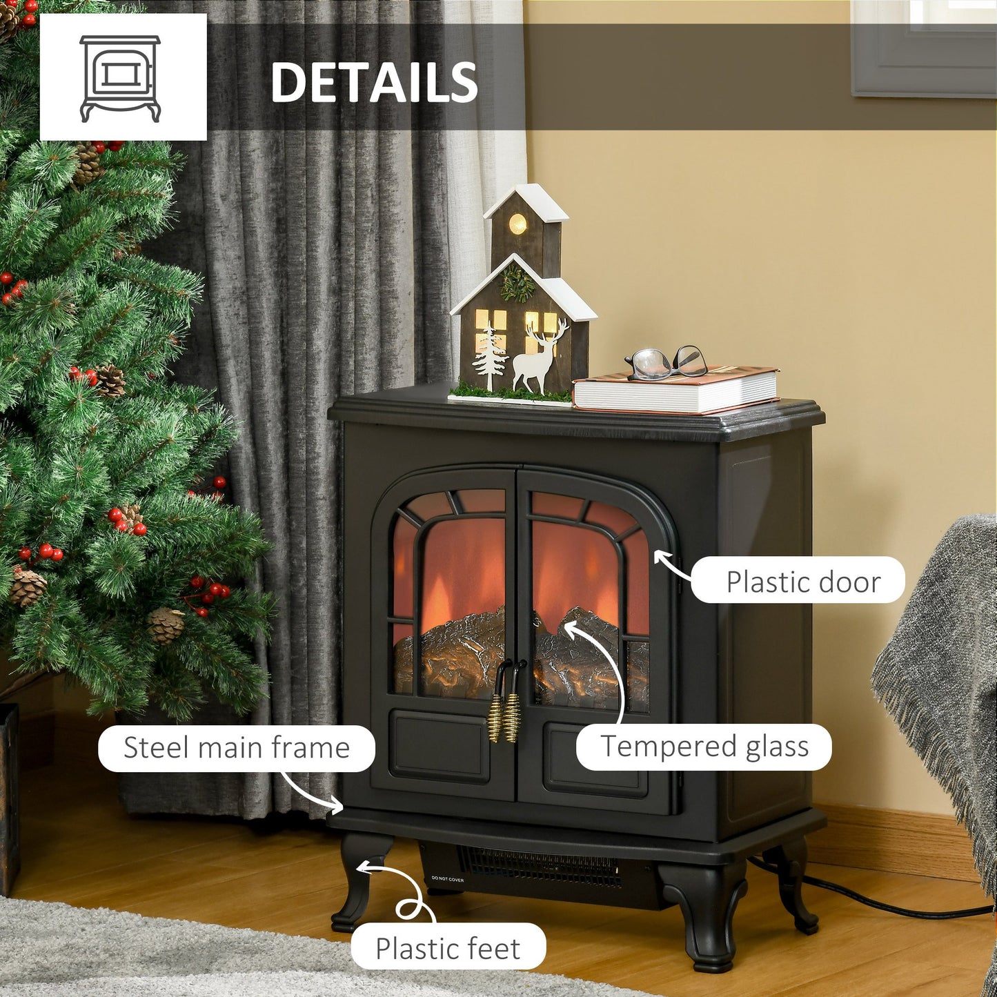 Electric Fireplace Stove Heater with LED Fire Flame Effect, Double Door, Freestanding & Portable with Overheat Protection, 1000W/2000W, Black