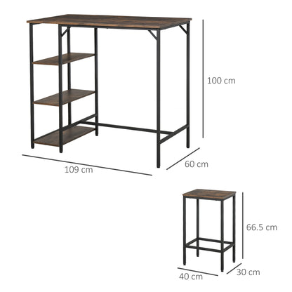 Dining Table Set Industrial Bar Height With 2 Stools & Side Shelf, 3 Pieces Coffee Table for Dining Room, Kitchen, Dinette