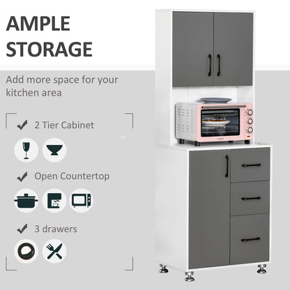 Modern Kitchen Cupboard with Storage Cabinets, 3 Drawers and Open Countertop for Living Room, Grey