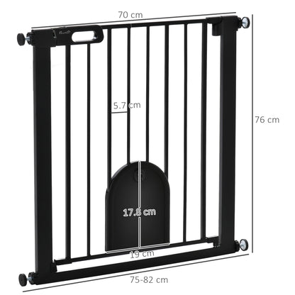 PawHut 75-82 cm Pet Safety Gate Barrier, Stair Pressure Fit, w/ Small Door, Auto Close, Double Locking, for Doorways, Hallways, Black