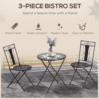 3 Piece Patio Bistro Set, Mosaic Table and 2 Armless Chairs with Foldable Design, Metal Frame for Garden, Poolside, Coffee