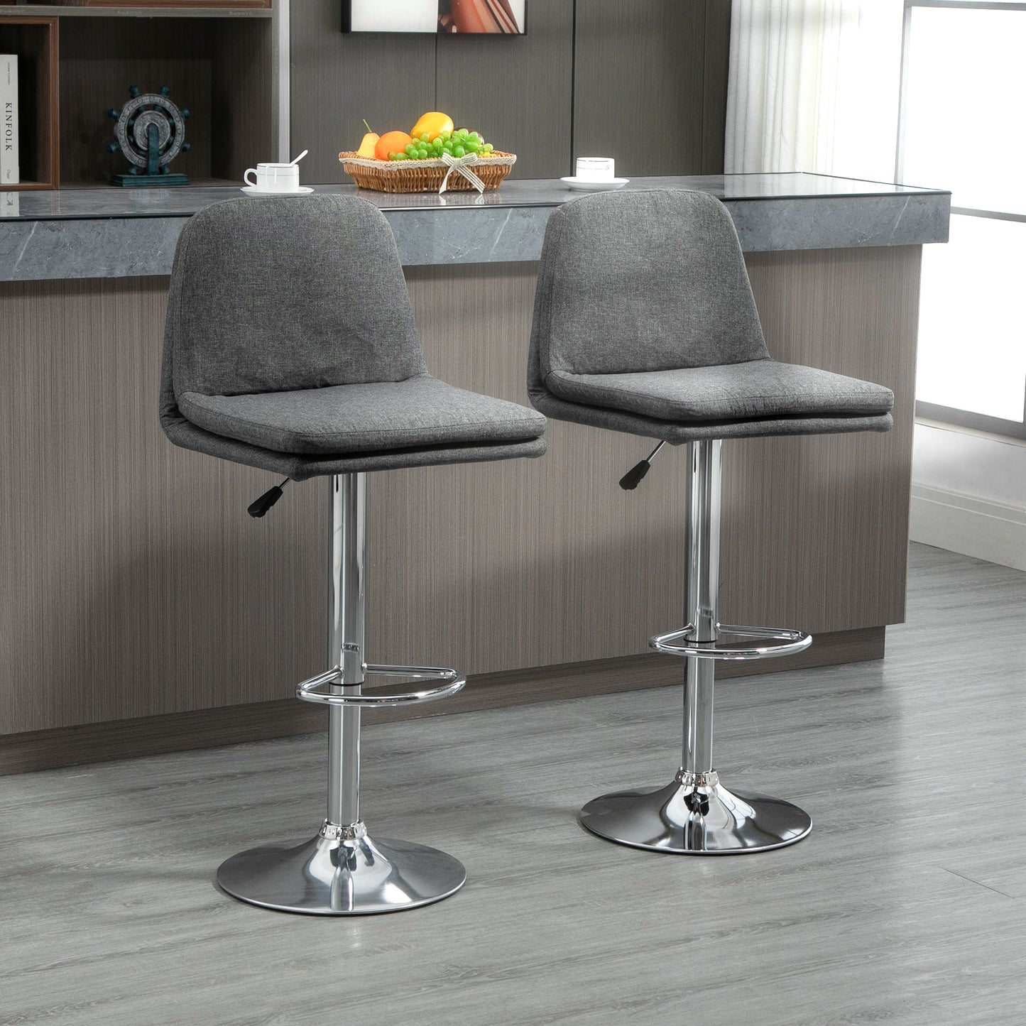 Bar Stools Set of 2, Swivel Fabric Breakfast Barstools, Adjustable Kitchen Stools with Backs, Footrest for Home Pub Area, Grey