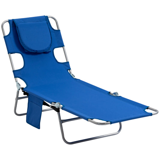 Outsunny Beach Chaise Lounge with Face Cavity & Arm Slots, Portable Sun Lounger, Reclining Lounge Chair 5-position Adjustable Backrest, Blue