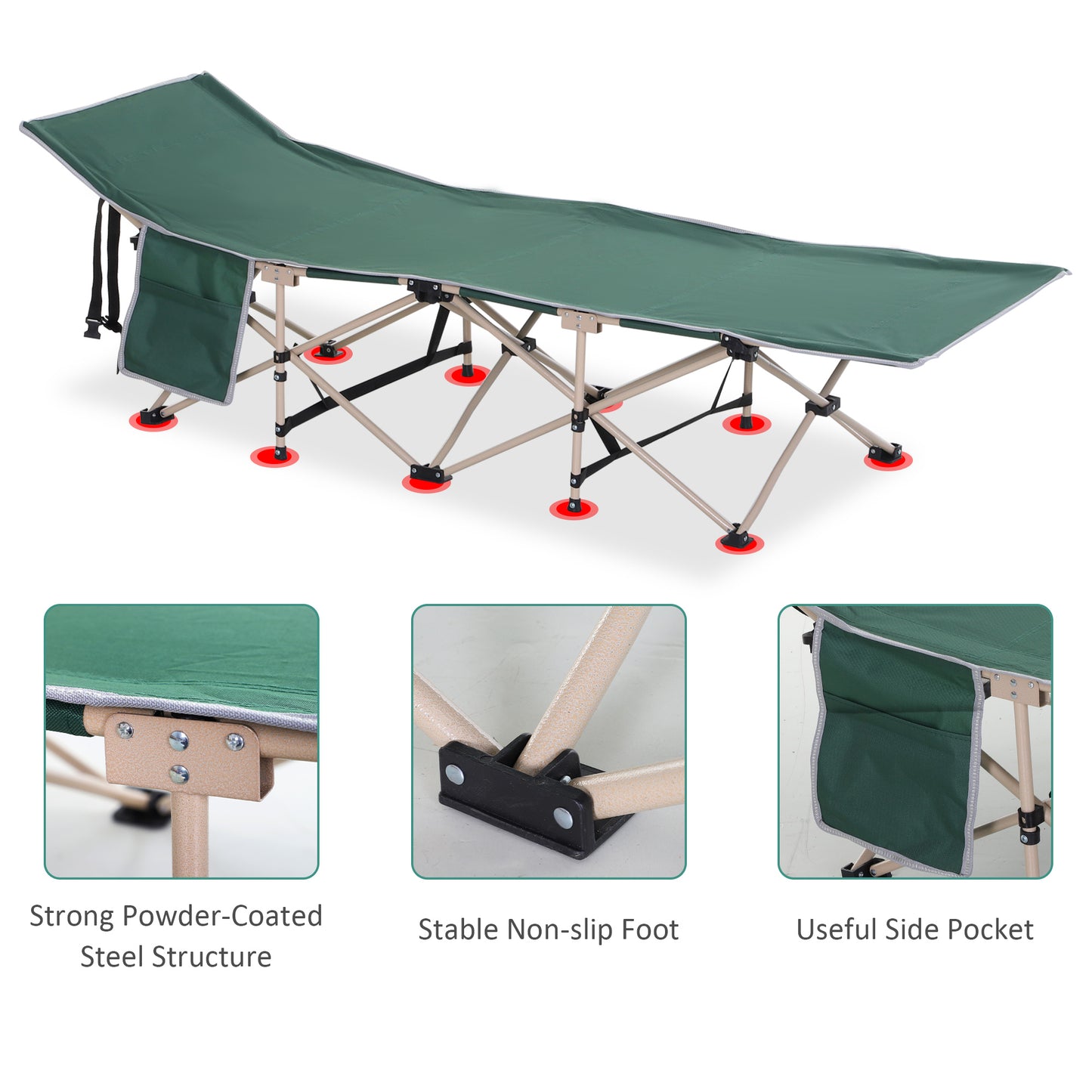 Outsunny Single Person Camping Folding Cot Outdoor Patio Portable Military Sleeping Bed Travel Guest Leisure Fishing with Carry Bag, Green