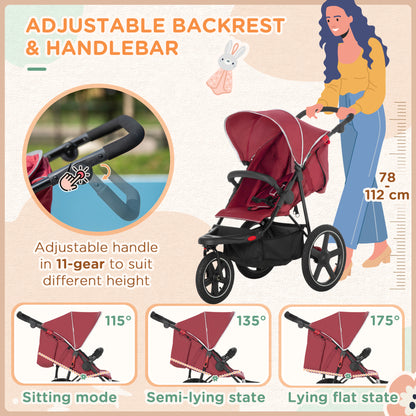 Foldable Three-Wheeler Baby Stroller w/ Canopy, Storage Basket - Red