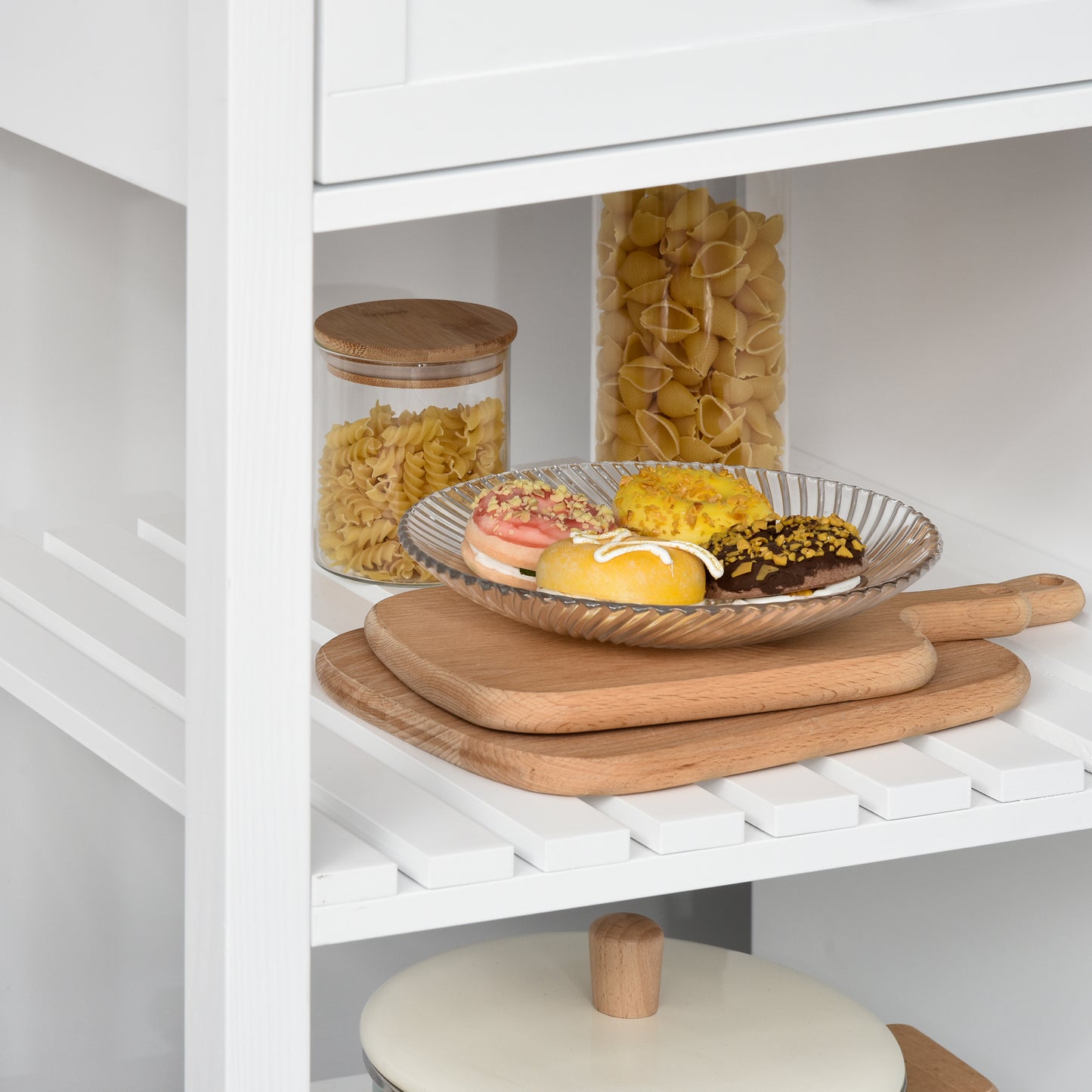 Modern Kitchen Island on Wheels, Kitchen Trolley Storage Cart with 2 Drawers, Cabinet, Towel Rack, Rubber Wood Top for Dining Room, White