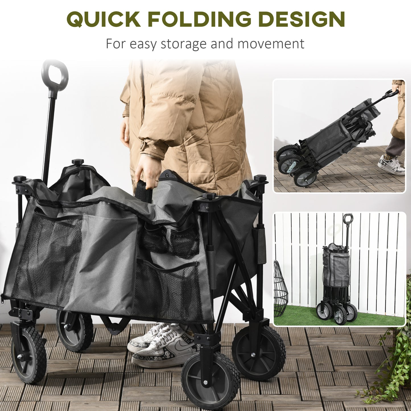 Outsunny Garden Trolley, Cargo Trailer on Wheels, Folding Collapsible Camping Trolley, Outdoor Utility Wagon, Dark Grey