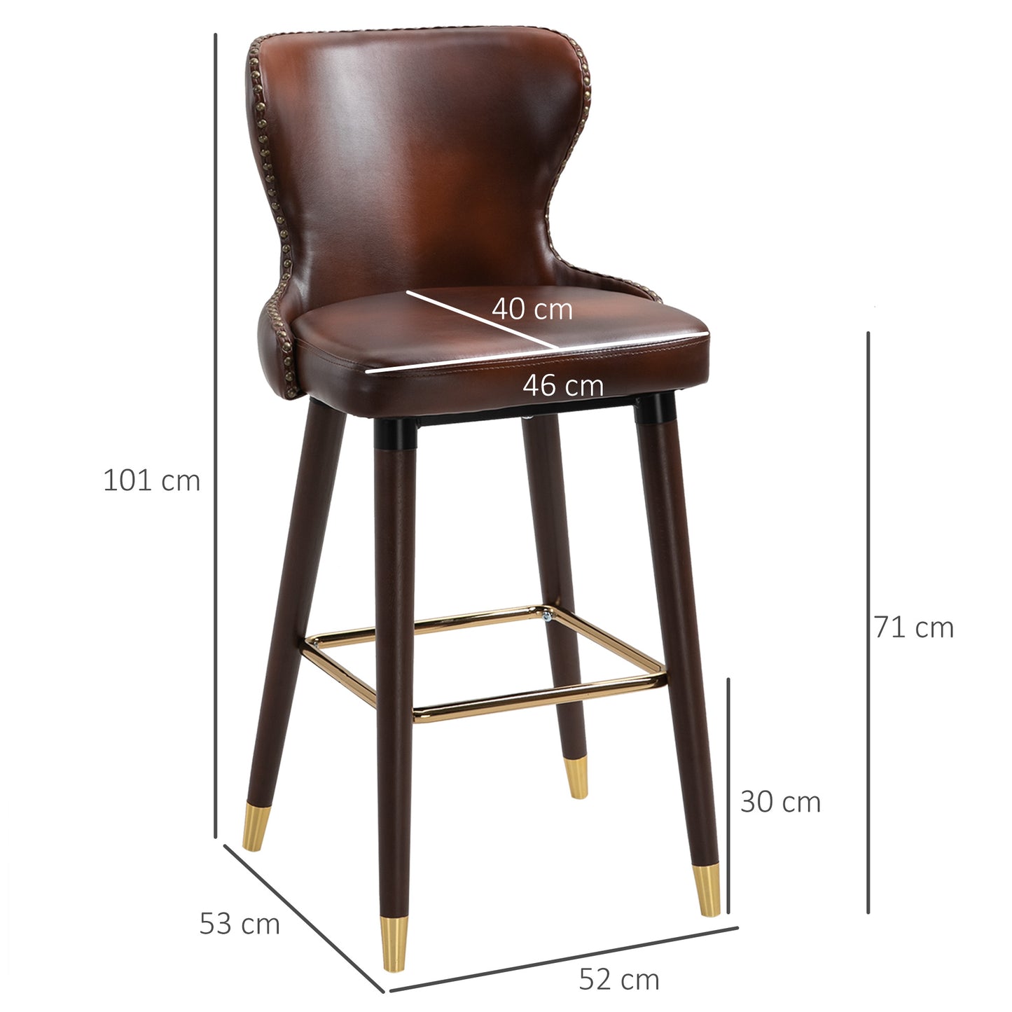 Retro Look Bar Stools Set of 2, PU Leather Vintage Counter-Height Bar Chair, Luxury European Style Kitchen Stools with Back, Brown