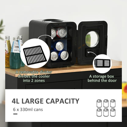 4 L/6 Can Mini Fridge, AC+DC Portable Cooler & Warmer for Skincare, Makeup, Cosmetics, Food, for Bedroom, Home, Caravan, Car, Black