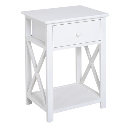 Traditional Accent End Table With 1 Drawer,X Bar Bottom Storage Shelf, for Living Room Bedroom Room 40L x 30W x 55H cm - White