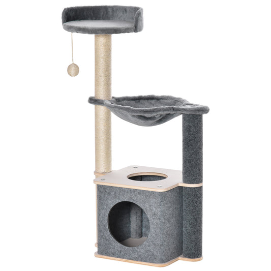 PawHut Cat Tree Cat Tower 95cm Climbing Kitten Activity Center with Sisal Scratching Post Perch Roomy Condo Hammock, Grey