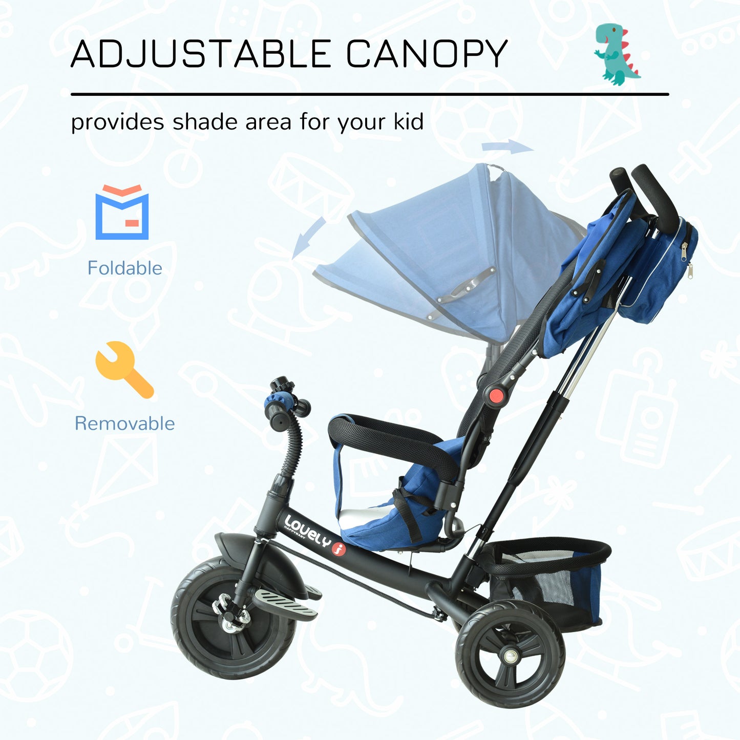 Baby Ride on Tricycle Stroller With Canopy-Blue