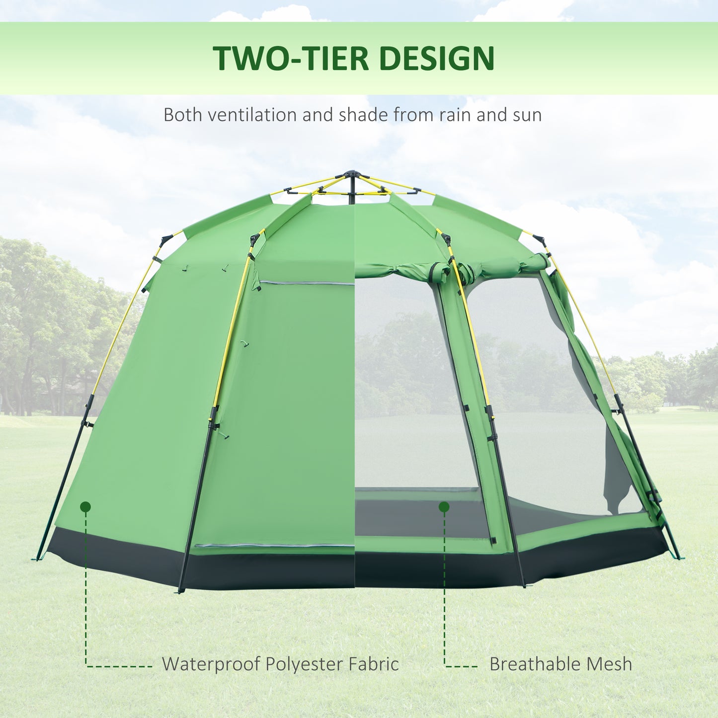 Outsunny 6 Person Pop Up Camping Tent, 2-Tier Design Backpacking Tent with 4 Windows 2 Doors Portable Carry Bag for Fishing Hiking, Green