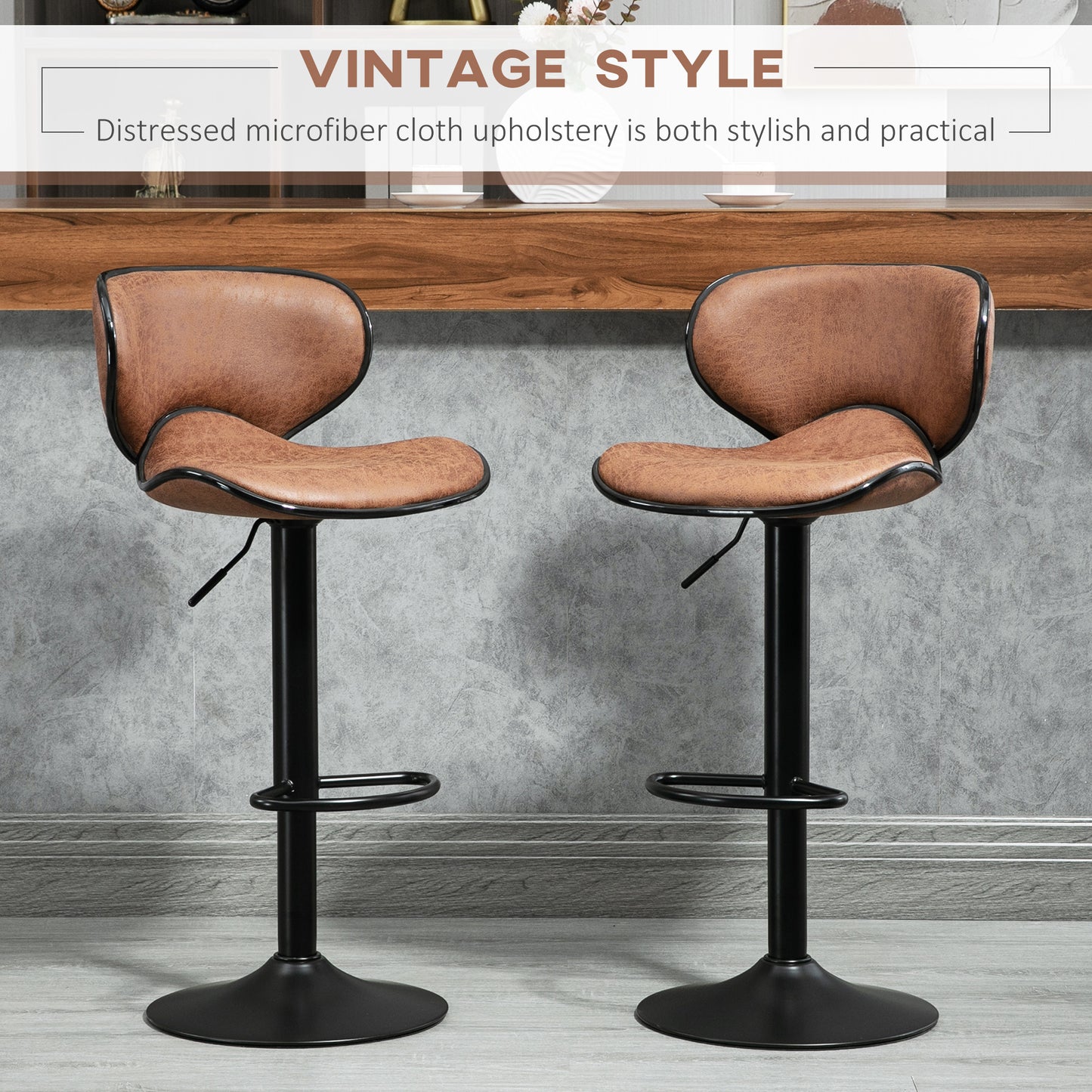 Bar Stool Set of 2 Microfibre Cloth Adjustable Height Armless Chairs with Swivel Seat, Brown