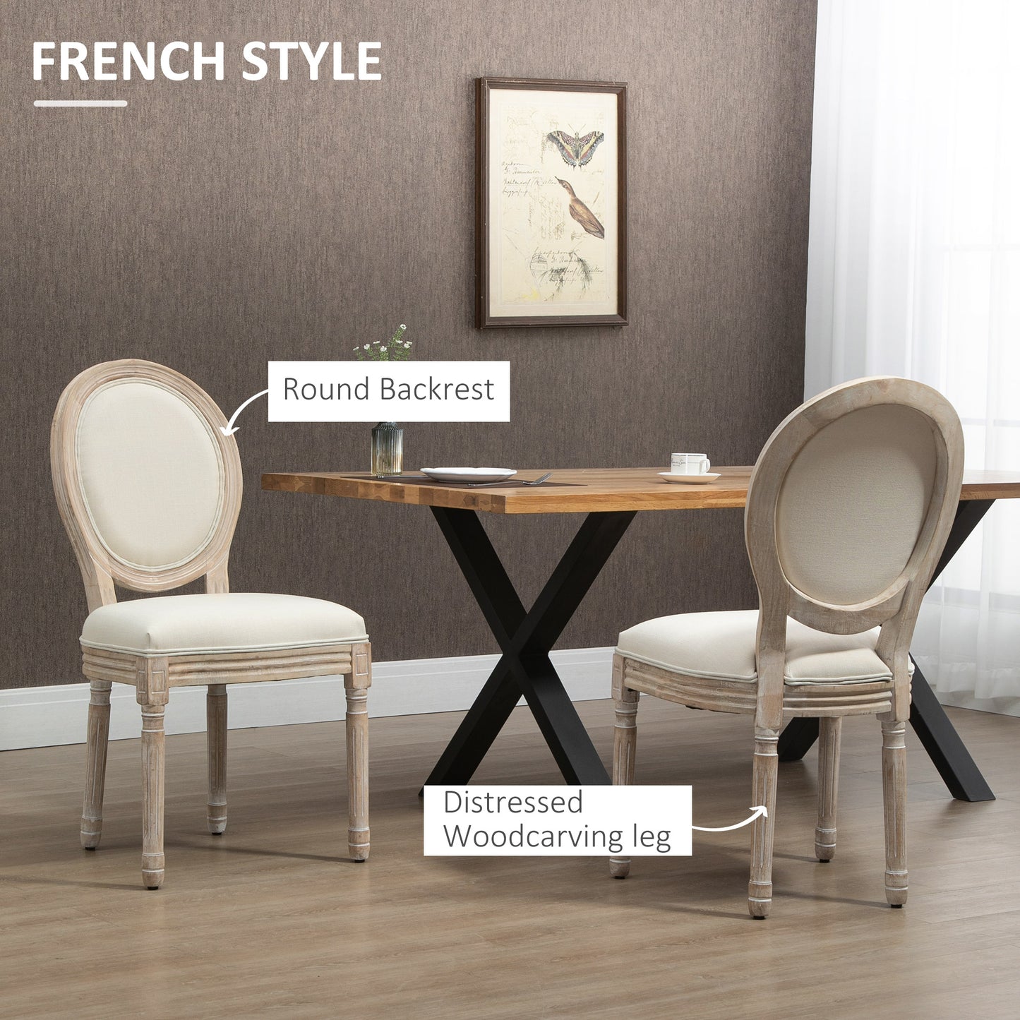 Dining Chairs Set of 2, French-Style Kitchen Chairs, Armless Accent Chairs with Backrest and Linen-Touch Upholstery, Cream