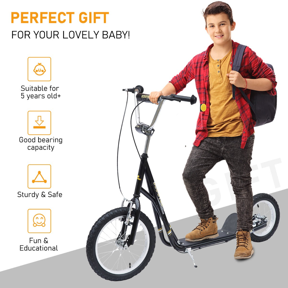 Adult Teen Push Scooter Kids Children Stunt Scooter Bike Bicycle Ride On Alloy Wheel Pneumatic 12" Tyres-Black