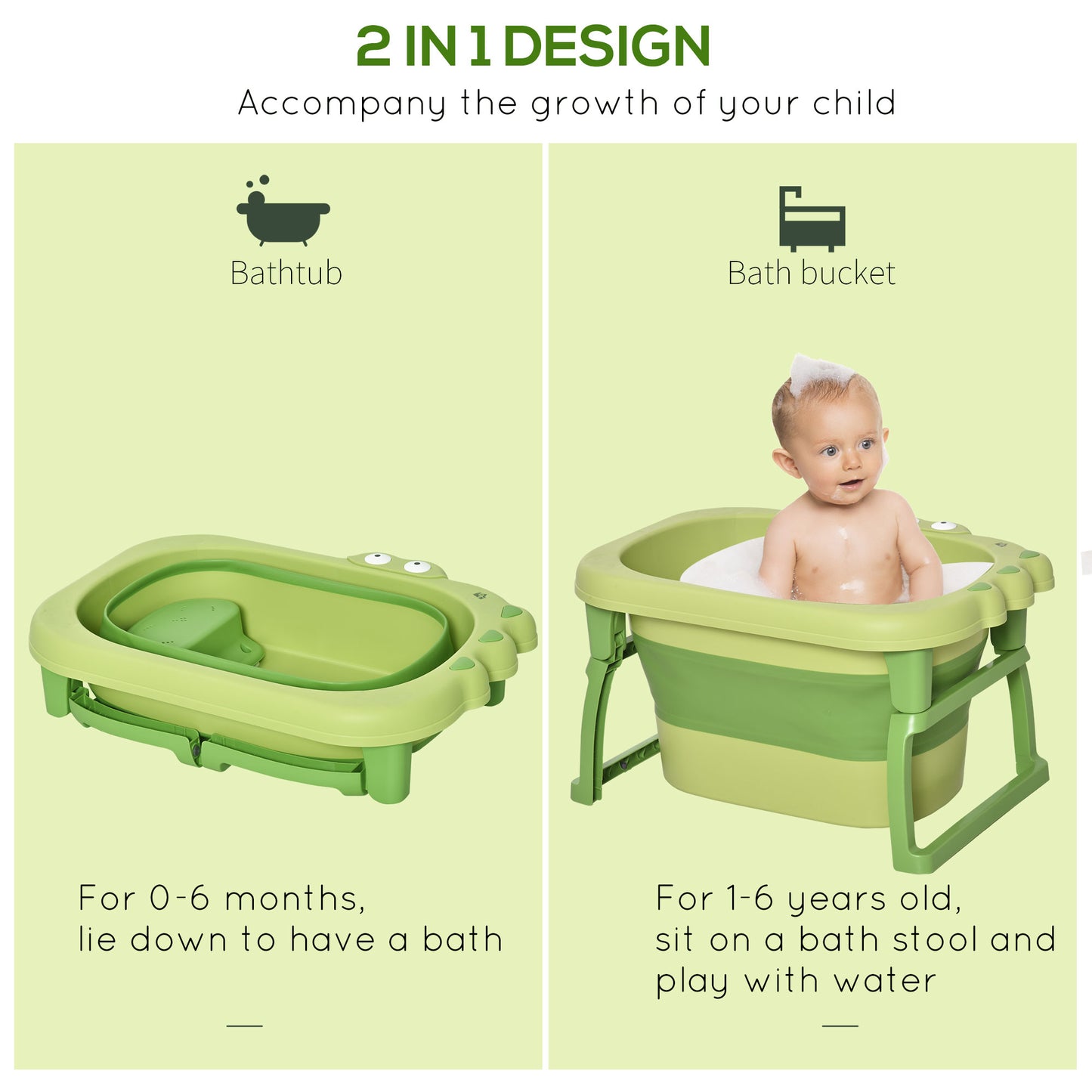 Baby Bath Tub for 0-6 Years Collapsible Non-Slip Portable with Stool Seat for Newborns Infants Toddlers Kids Crocodile Shape Green