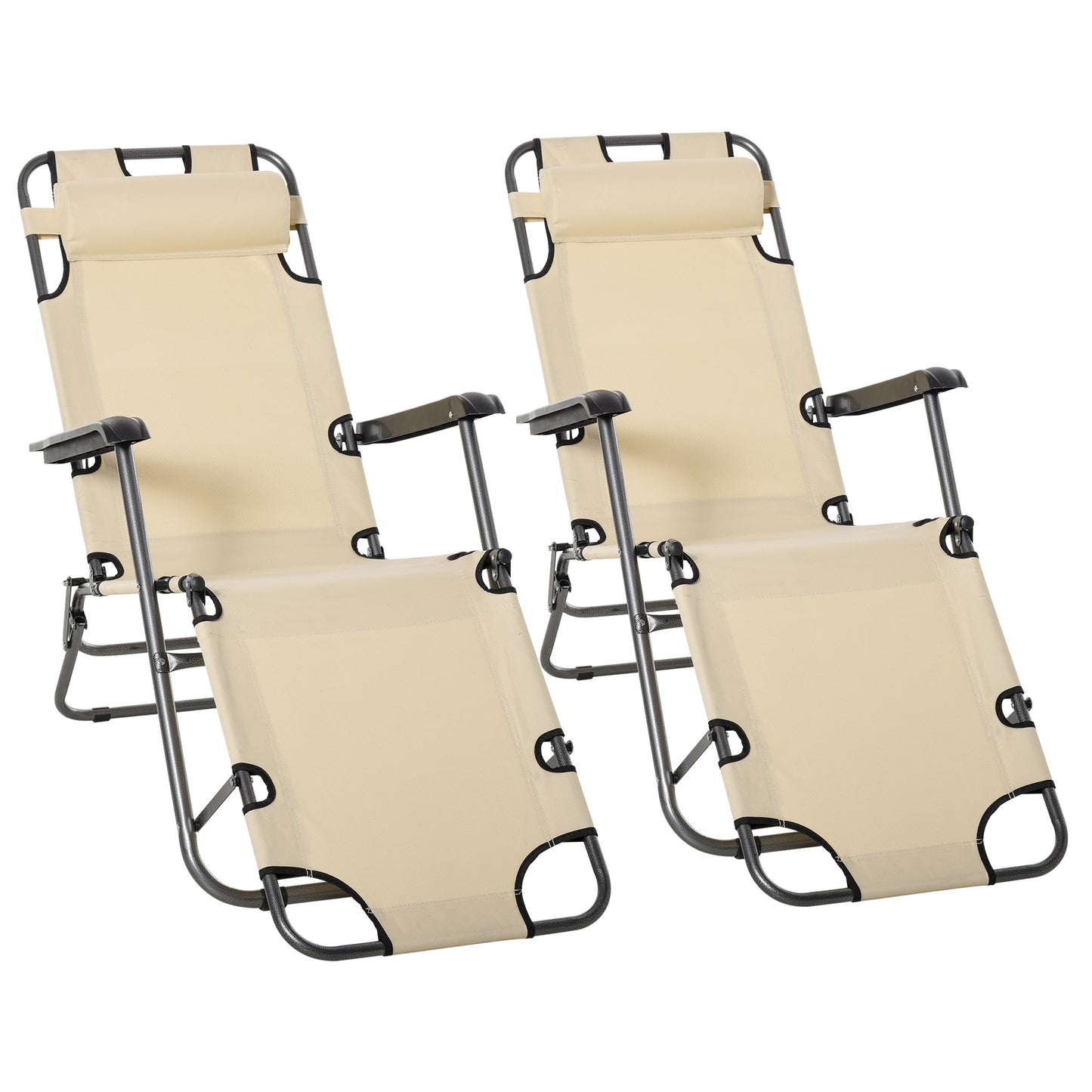 Outsunny Set Of 2 Foldable Sun Loungers with Adjustable Back, Outdoor Reclining Garden Chairs with Pillow and Armrests, Beige