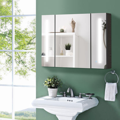 Kleankin LED Bathroom Cabinet with Mirror, Wall Mounted Dimmable Storage Organiser with 3 Mirrored Doors and Adjustable Shelves