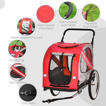 PawHut Dog Bike Trailer 2-in-1 Pet Stroller Cart Bicycle Carrier Attachment for Travel in steel frame with Universal Wheel Reflectors Flag Red