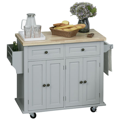 Rolling Kitchen Island Storage Trolley with Rubber Wood Top & Drawers for Dining Room, Grey