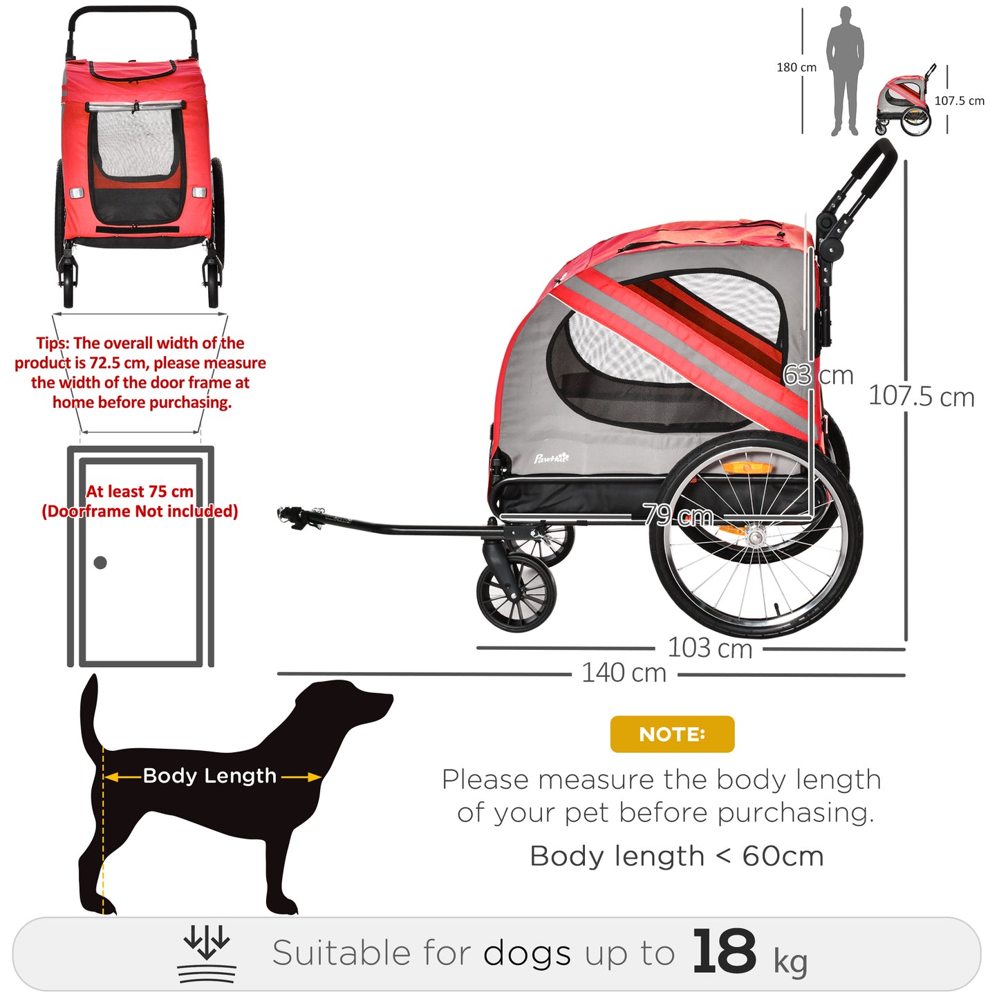 PawHut Dog Bike Trailer 2-in-1 Pet Stroller Cart Bicycle Carrier Attachment for Travel in steel frame with Universal Wheel Reflectors Flag Red