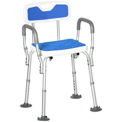 Bathroom Shower Safety Stool Seat EVA Padded, Height Adjustable With Back and Arms, 4 Suction Foot Pads, Blue