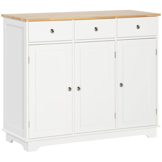 Modern Sideboard with Rubberwood Top, Buffet Cabinet with Storage Cabinets, Drawers and Adjustable Shelves for Living Room, Kitchen, White